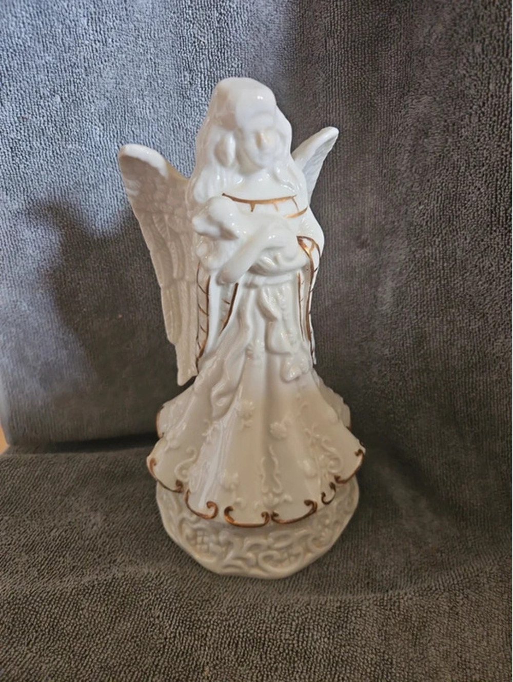 Vintage White Porcelain Angel Holding Lamb Figurine Gold Trim Religious 8"